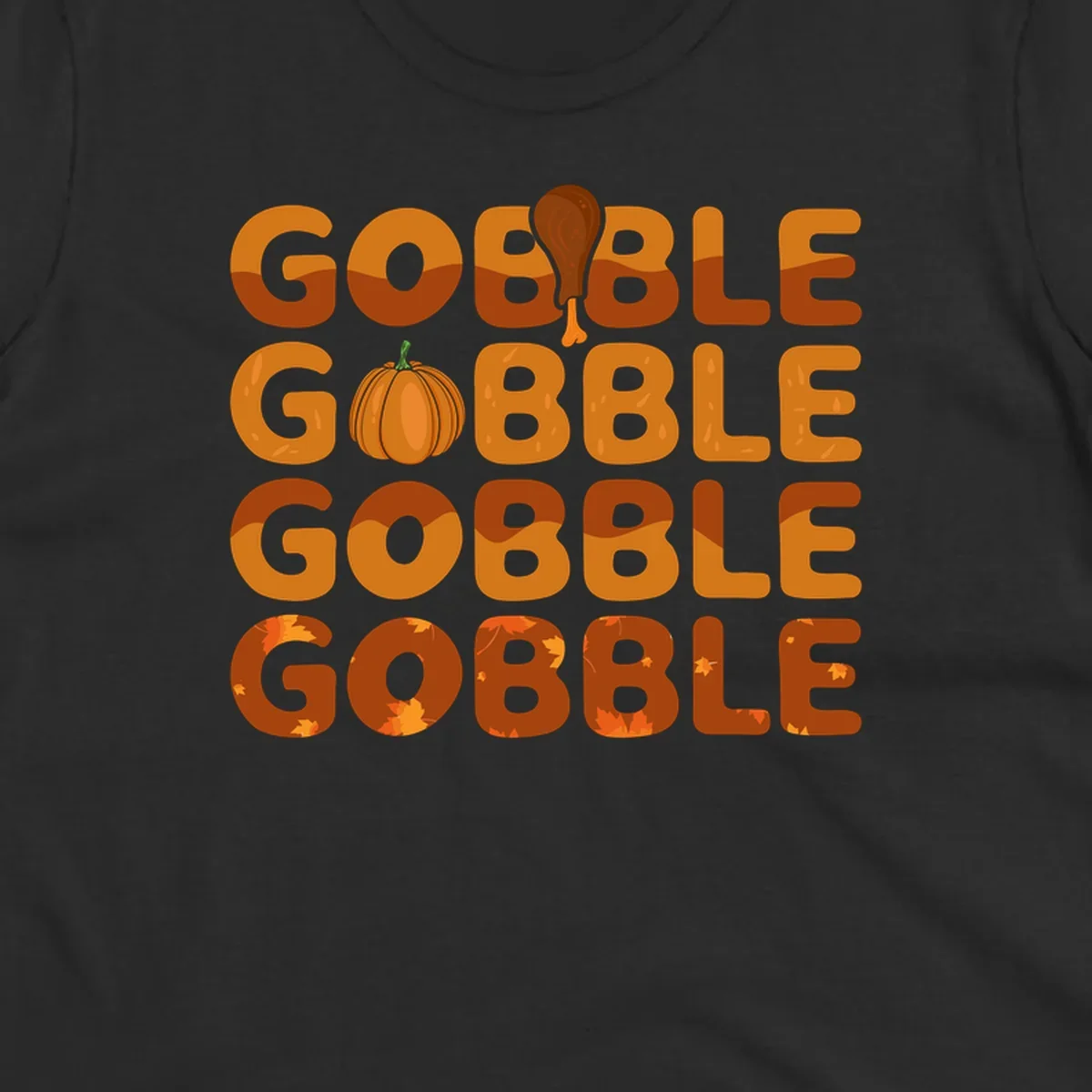 Gobble Gobble Thanksgiving text with pumpkin and turkey leg graphic