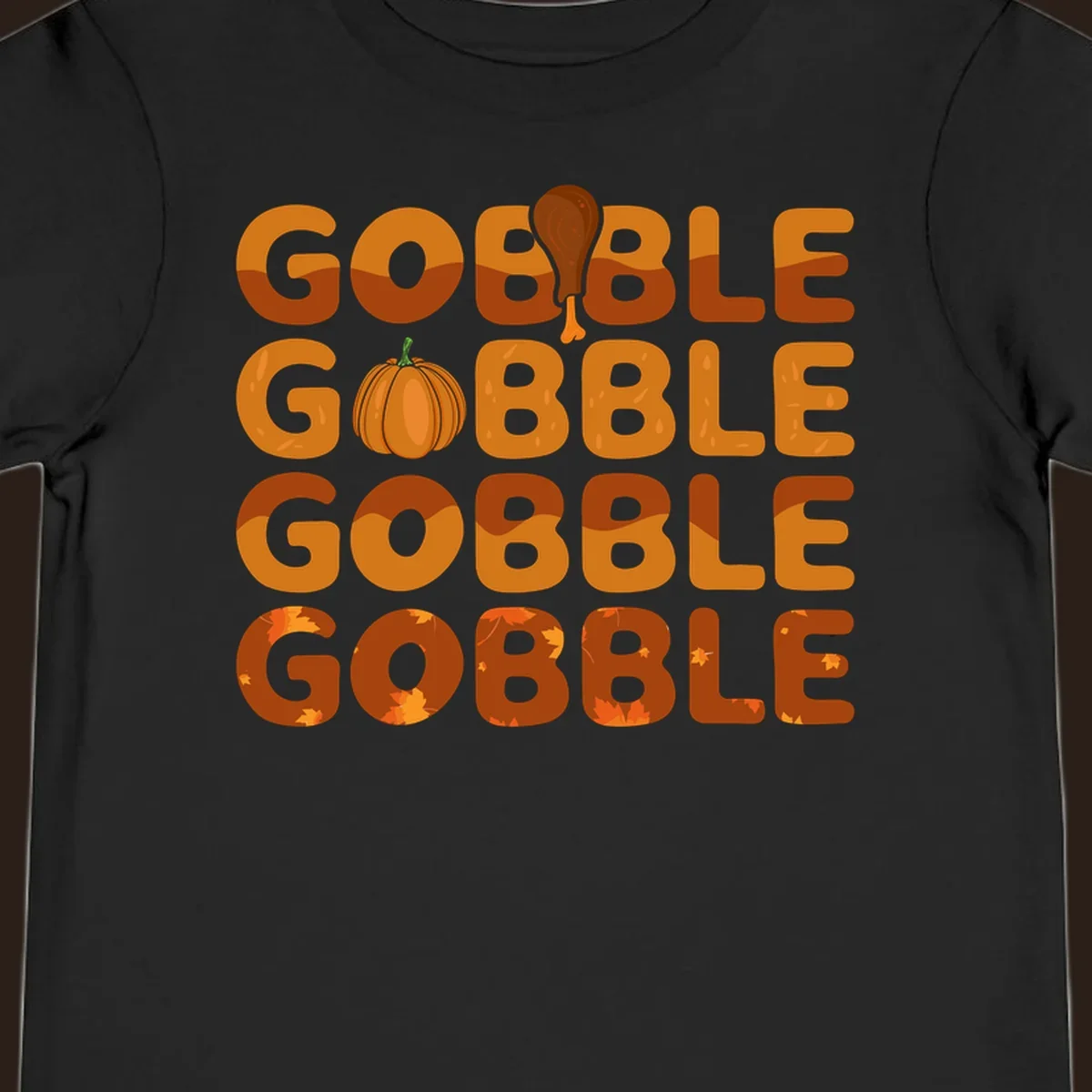 Gobble Gobble Thanksgiving text with pumpkin and turkey leg graphic