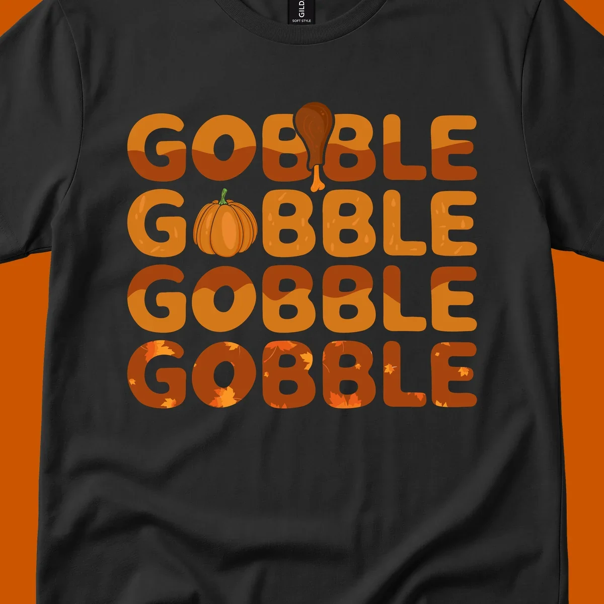 Gobble Gobble Thanksgiving text with pumpkin and turkey leg graphic