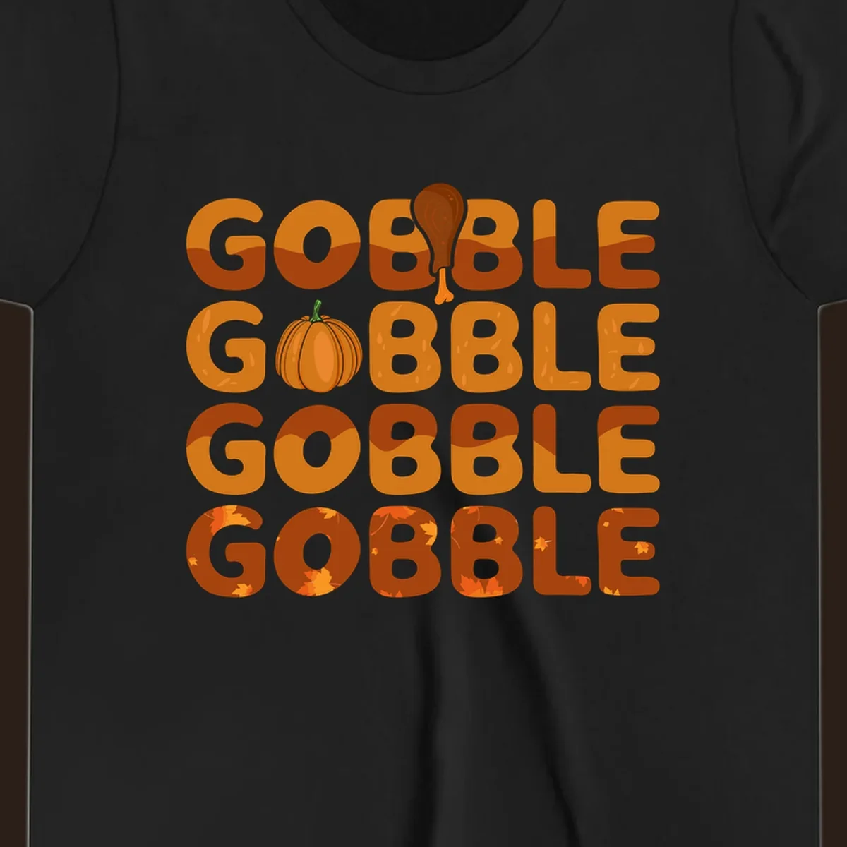 Gobble Gobble Thanksgiving text with pumpkin and turkey leg graphic