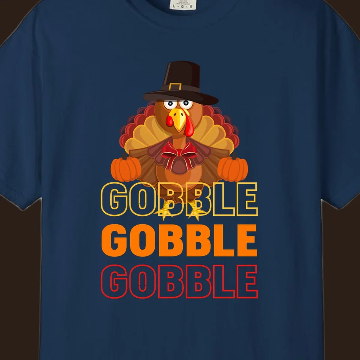 Gobble Gobble Thanksgiving Turkey illustration with pumpkins and repeated text. Thanksgiving apparel.