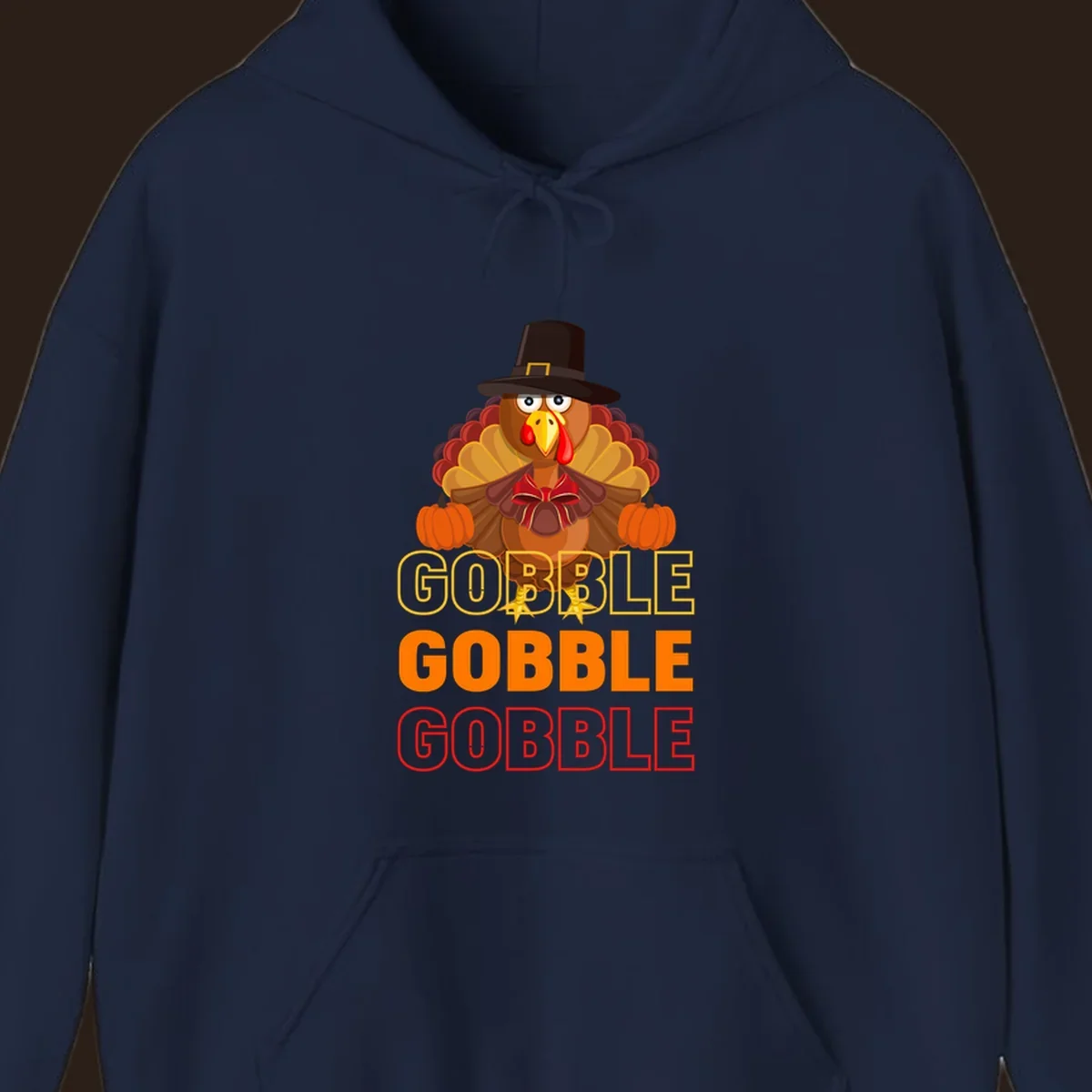 Gobble Gobble Thanksgiving Turkey illustration with pumpkins and repeated text. Thanksgiving apparel.