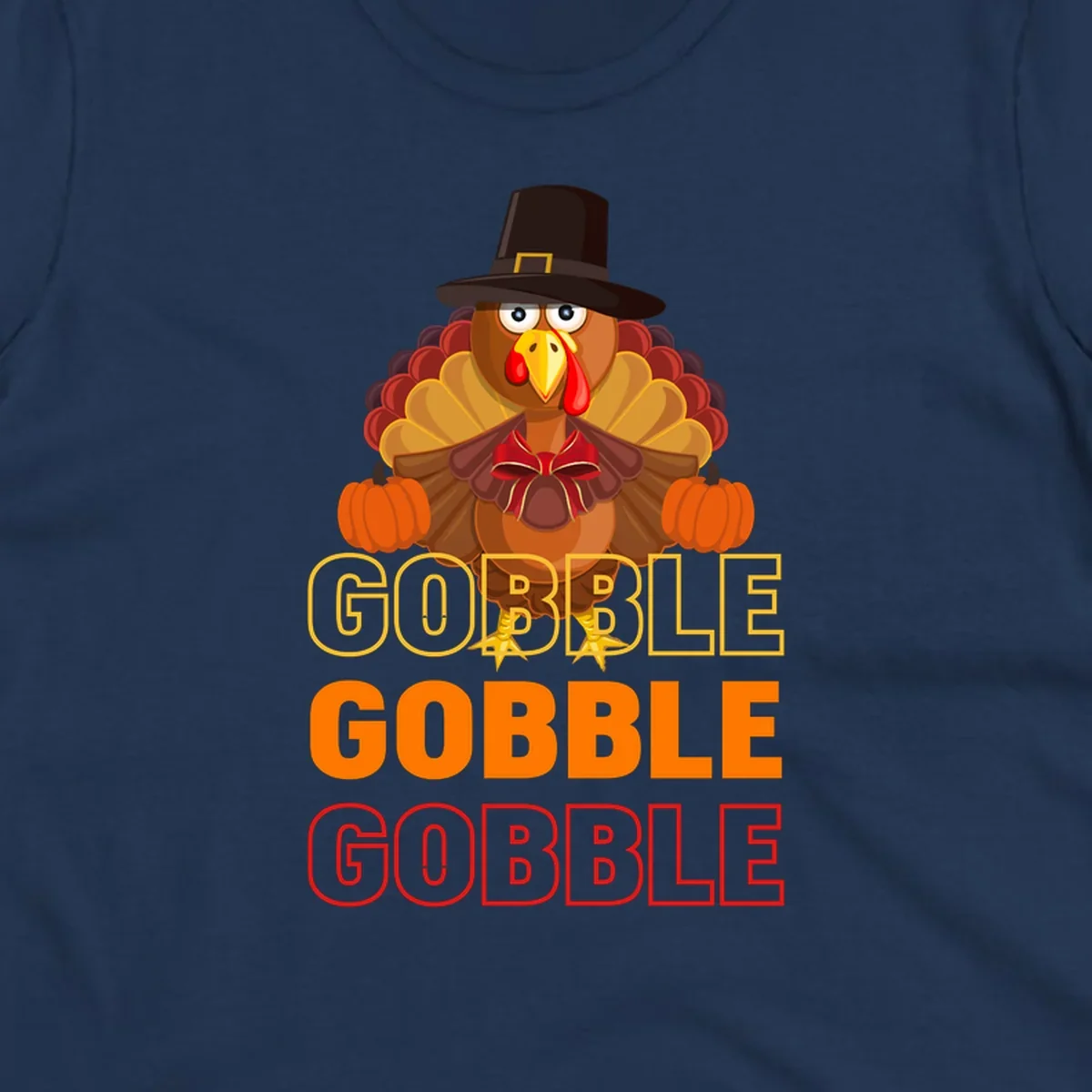 Gobble Gobble Thanksgiving Turkey illustration with pumpkins and repeated text. Thanksgiving apparel.