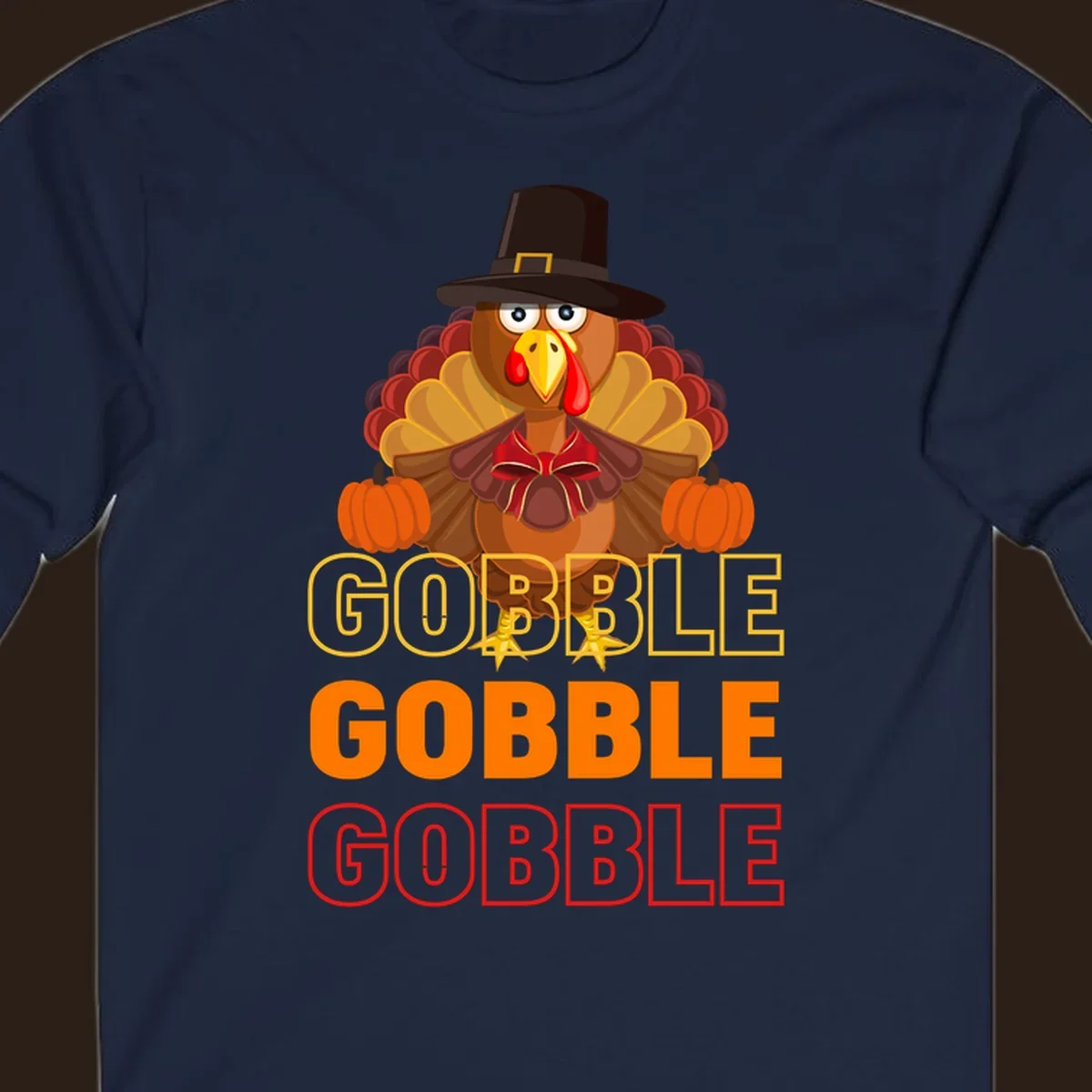Gobble Gobble Thanksgiving Turkey illustration with pumpkins and repeated text. Thanksgiving apparel.