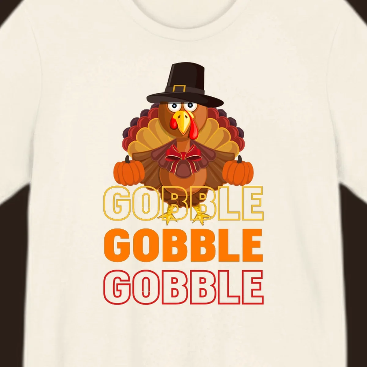Gobble Gobble Thanksgiving Turkey illustration with pumpkins and repeated text. Thanksgiving apparel.