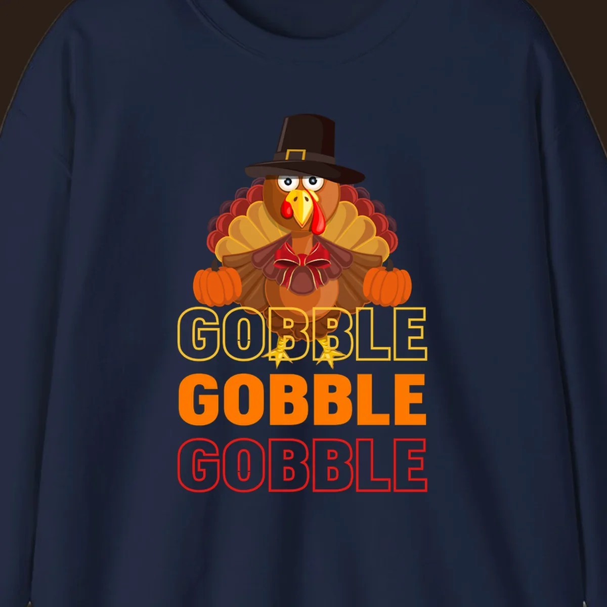 Gobble Gobble Thanksgiving Turkey illustration with pumpkins and repeated text. Thanksgiving apparel.