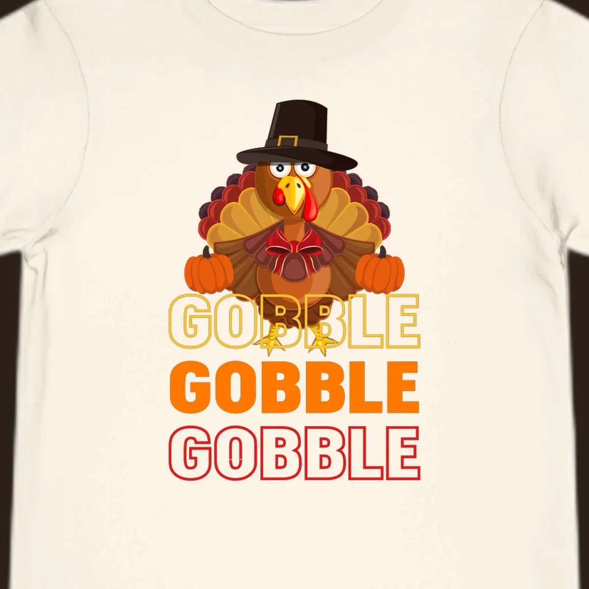 Gobble Gobble Thanksgiving Turkey illustration with pumpkins and repeated text. Thanksgiving apparel.