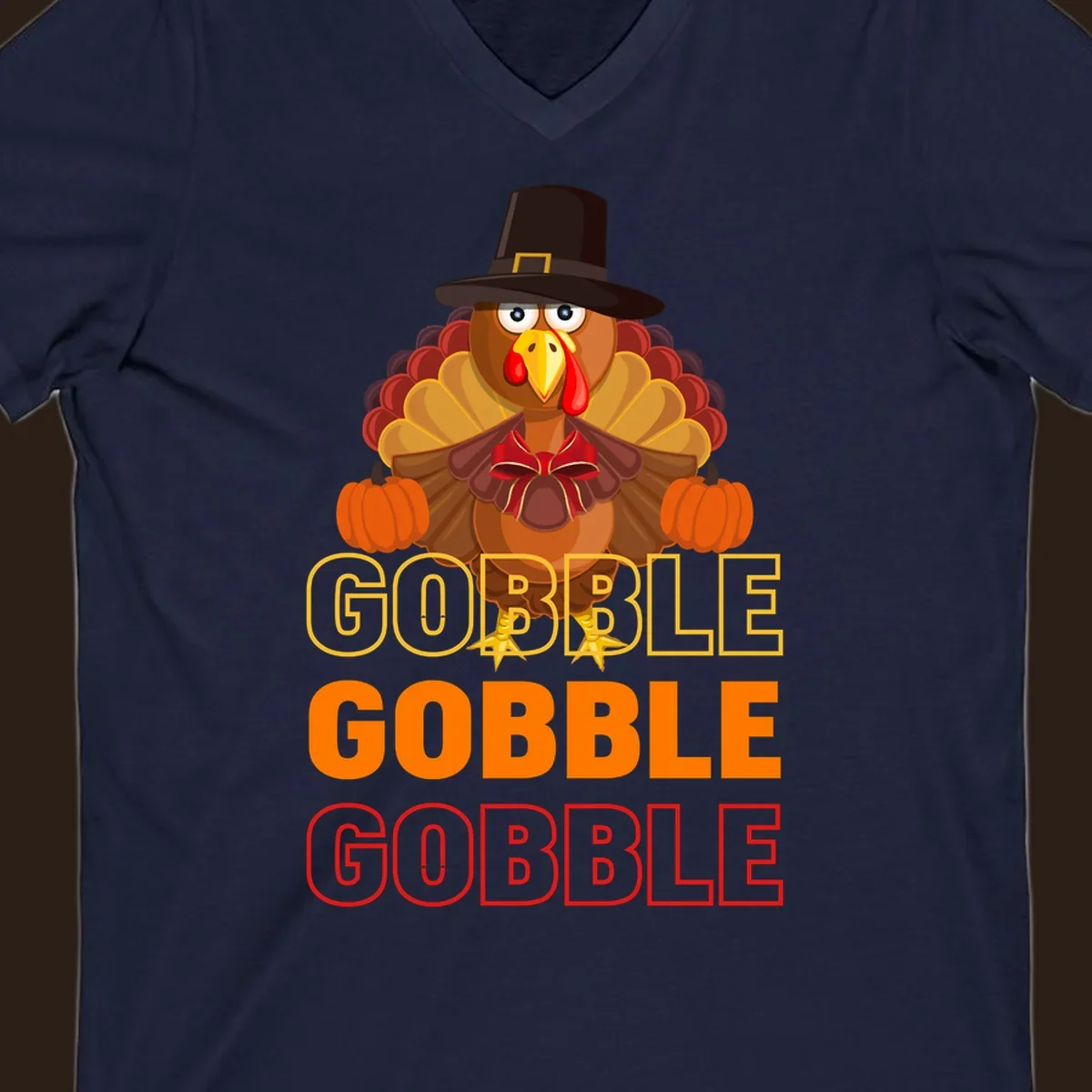 Gobble Gobble Thanksgiving Turkey illustration with pumpkins and repeated text. Thanksgiving apparel.