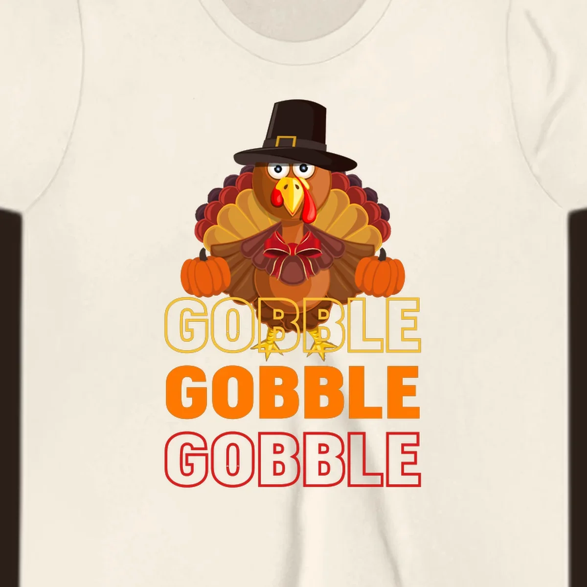 Gobble Gobble Thanksgiving Turkey illustration with pumpkins and repeated text. Thanksgiving apparel.