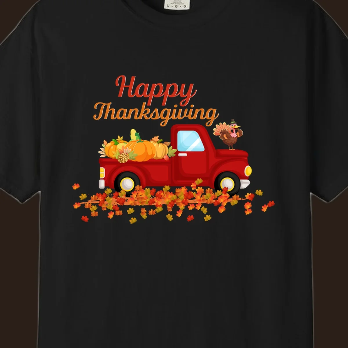 Happy Thanksgiving red truck with pumpkins and turkey