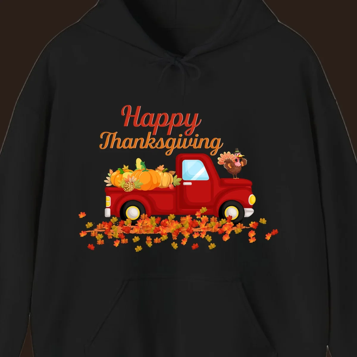 Happy Thanksgiving red truck with pumpkins and turkey