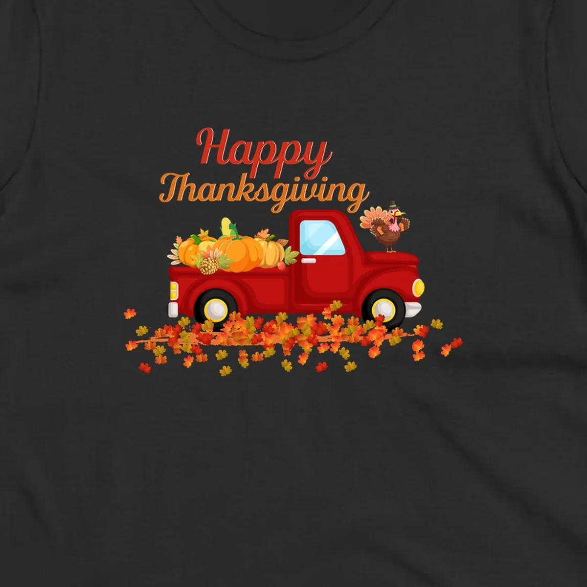 Happy Thanksgiving red truck with pumpkins and turkey