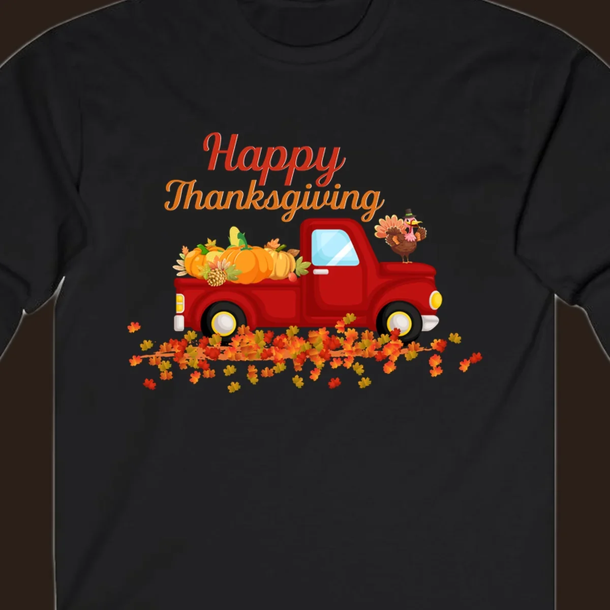 Happy Thanksgiving red truck with pumpkins and turkey