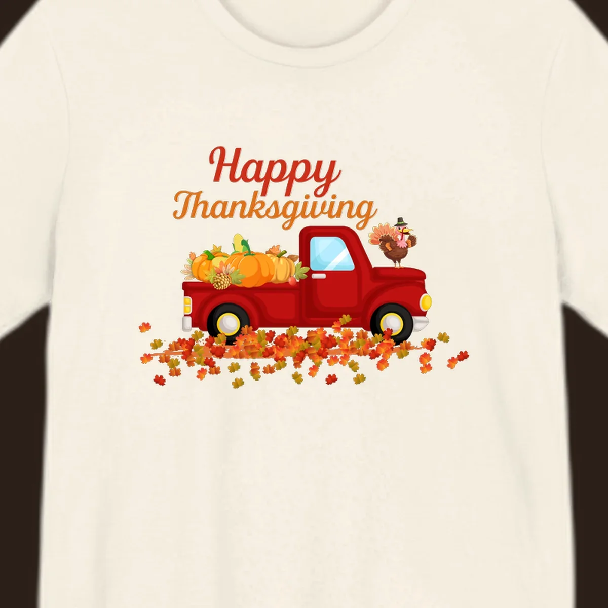 Happy Thanksgiving red truck with pumpkins and turkey