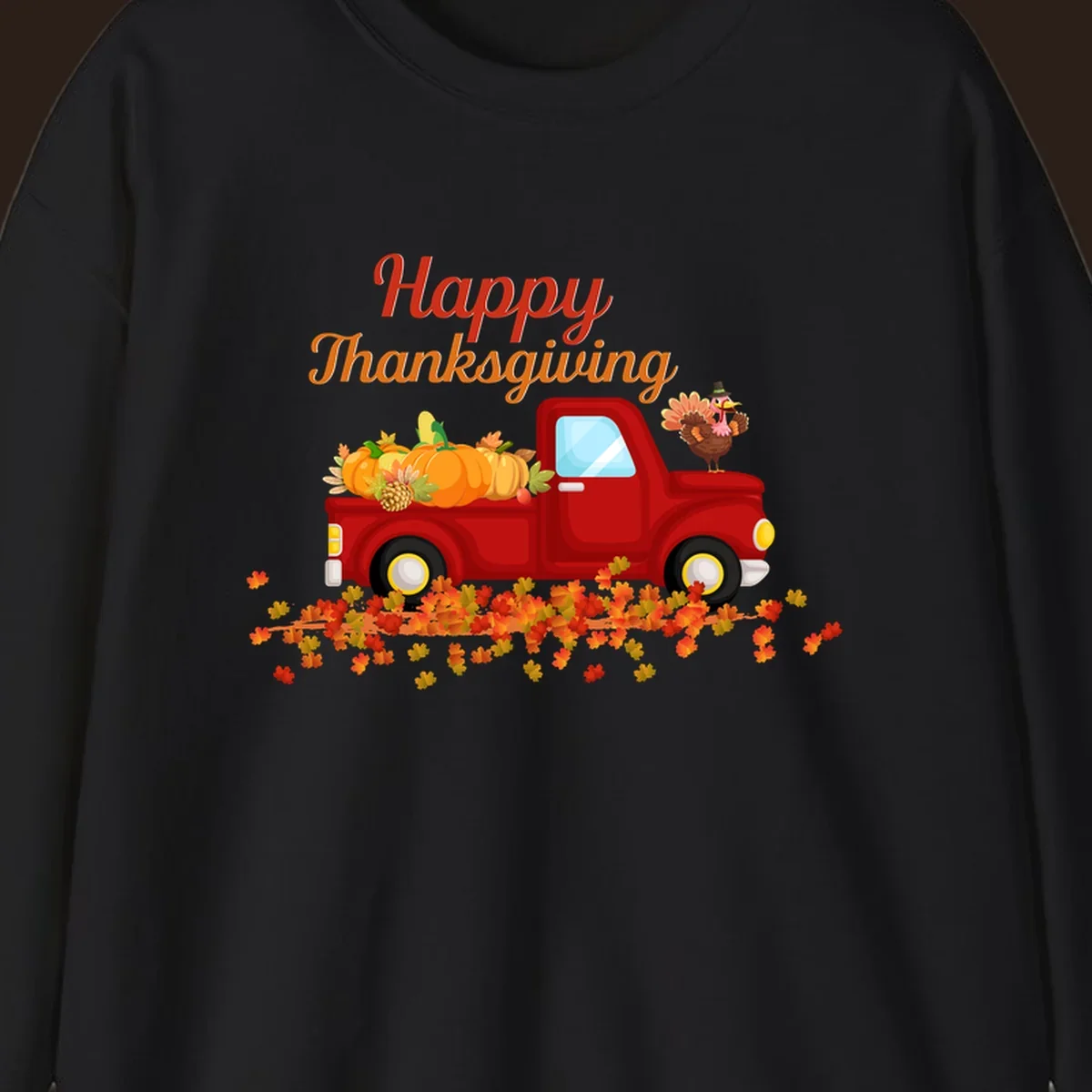 Happy Thanksgiving red truck with pumpkins and turkey