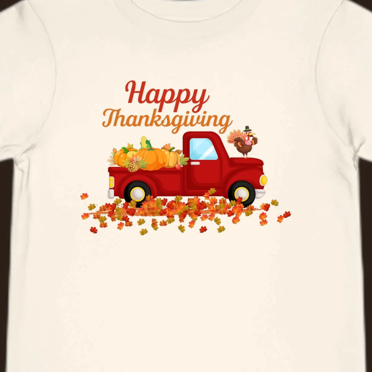 Happy Thanksgiving red truck with pumpkins and turkey