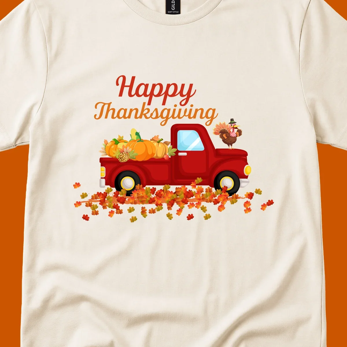 Happy Thanksgiving red truck with pumpkins and turkey