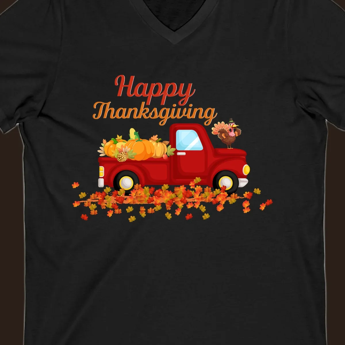 Happy Thanksgiving red truck with pumpkins and turkey