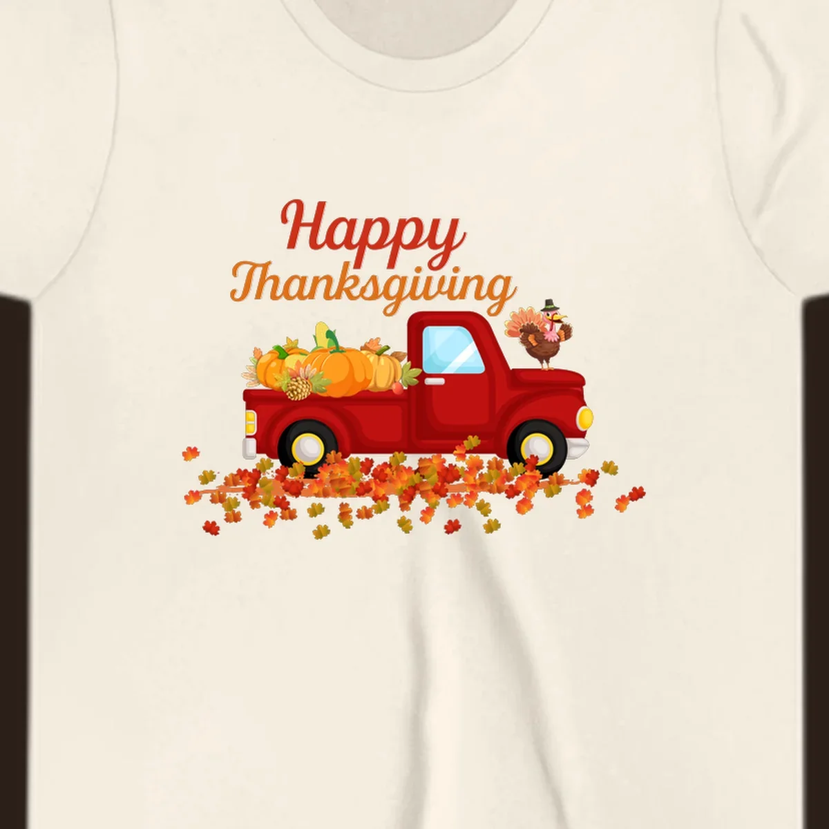 Happy Thanksgiving red truck with pumpkins and turkey
