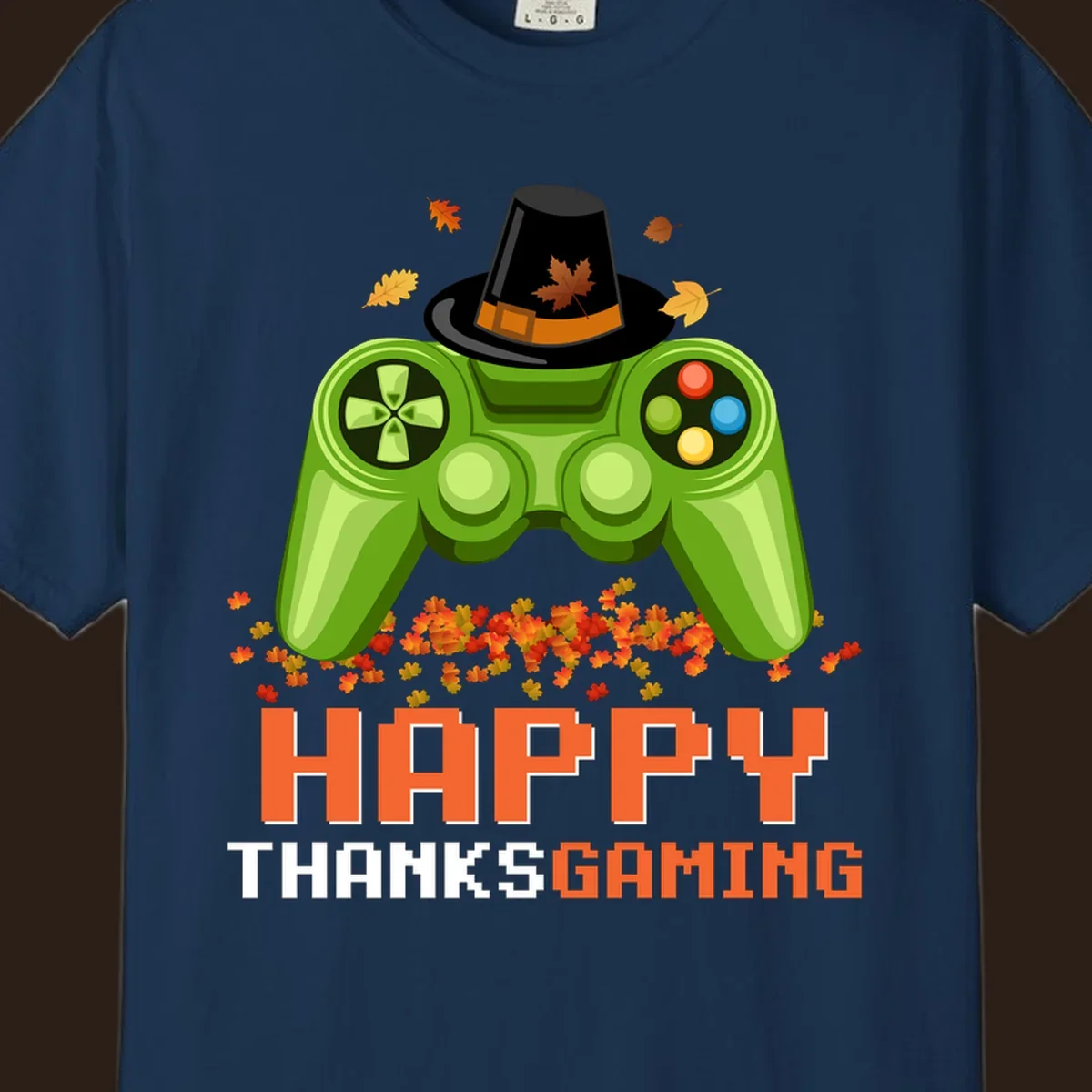 Happy Thanksgaming design with a video game controller, pilgrim hat, and fall leaves.
