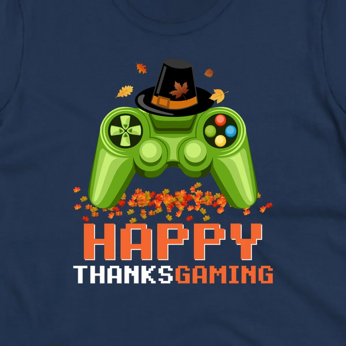 Happy Thanksgaming design with a video game controller, pilgrim hat, and fall leaves.