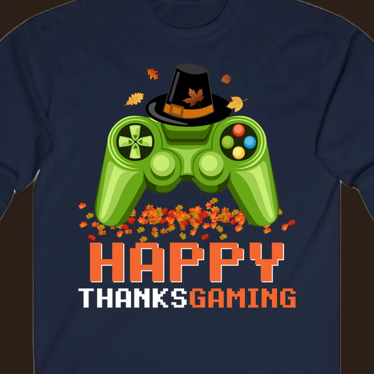 Happy Thanksgaming design with a video game controller, pilgrim hat, and fall leaves.