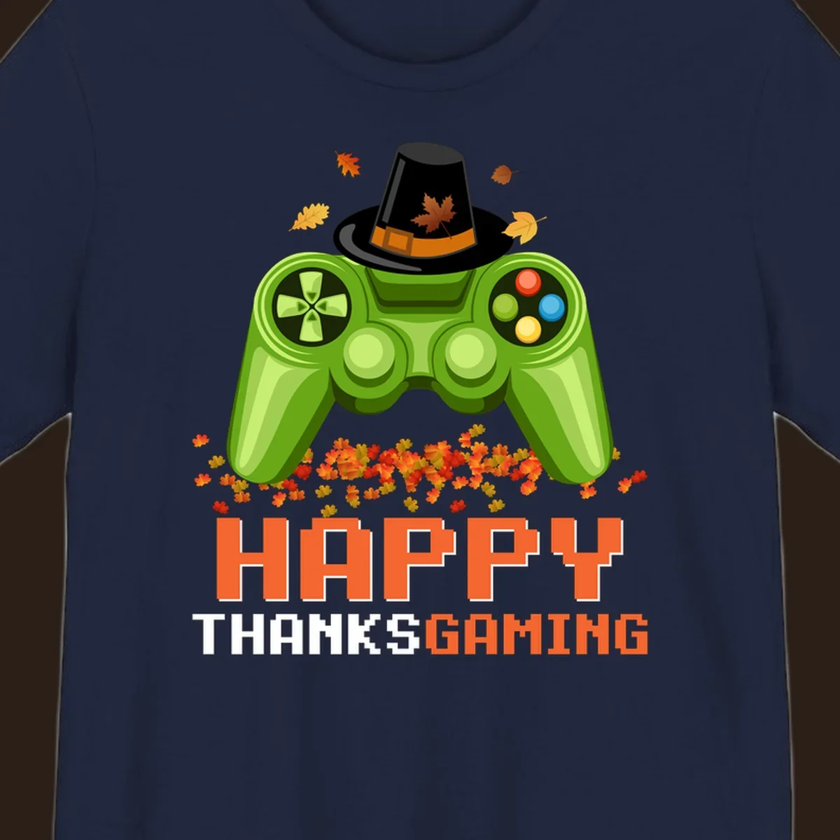 Happy Thanksgaming design with a video game controller, pilgrim hat, and fall leaves.