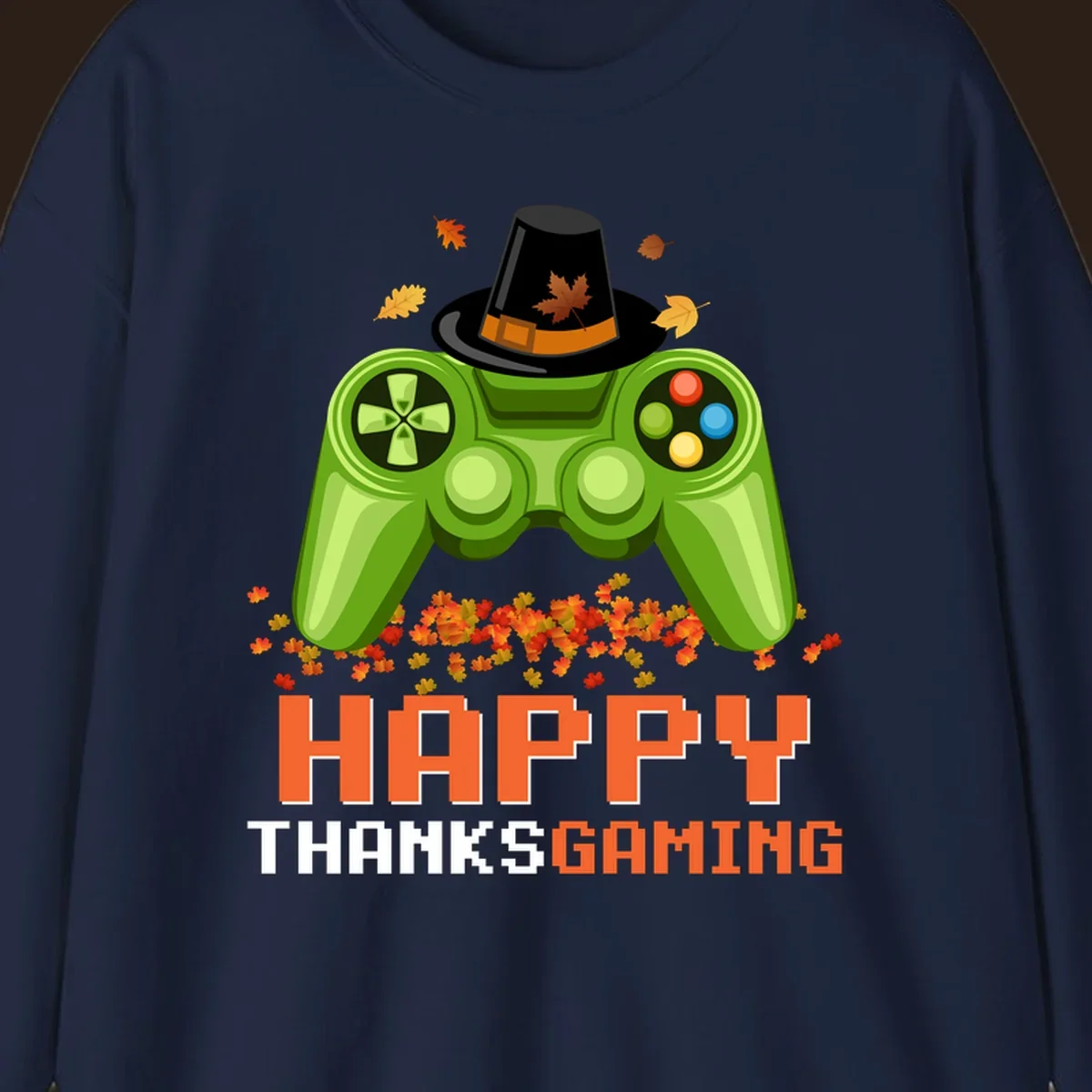 Happy Thanksgaming design with a video game controller, pilgrim hat, and fall leaves.