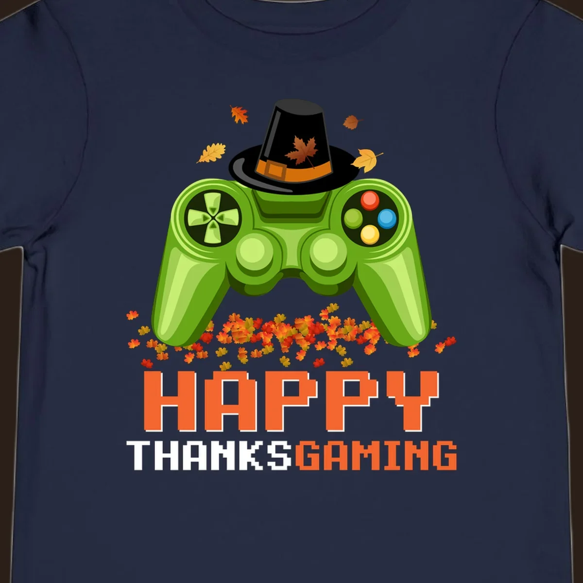 Happy Thanksgaming design with a video game controller, pilgrim hat, and fall leaves.