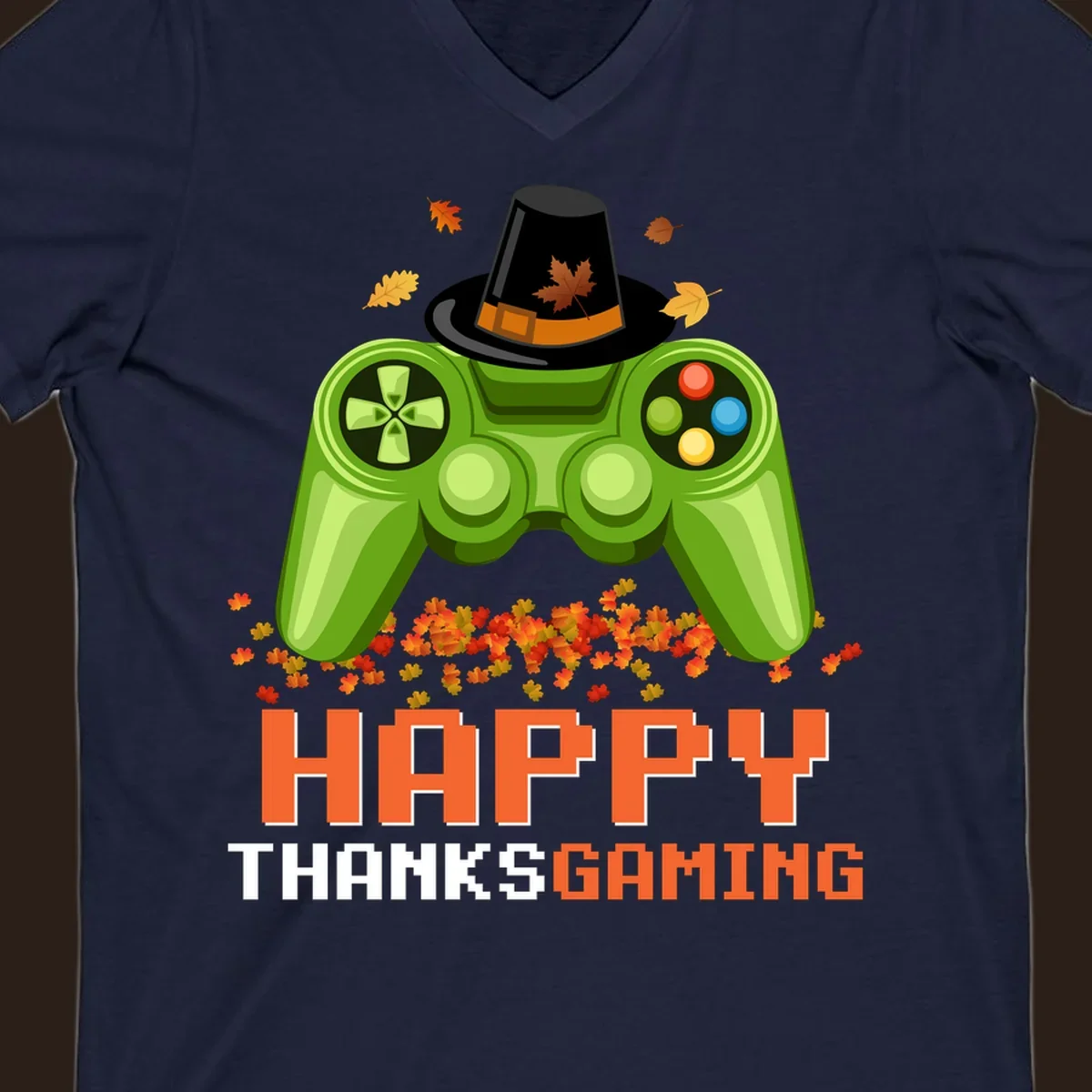 Happy Thanksgaming design with a video game controller, pilgrim hat, and fall leaves.
