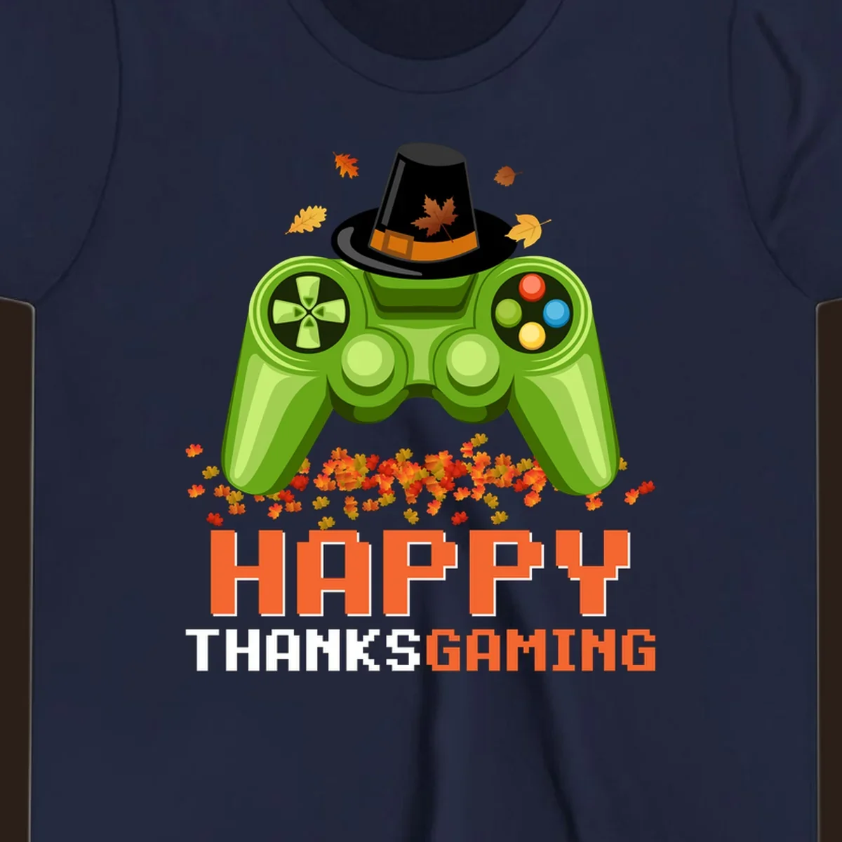 Happy Thanksgaming design with a video game controller, pilgrim hat, and fall leaves.