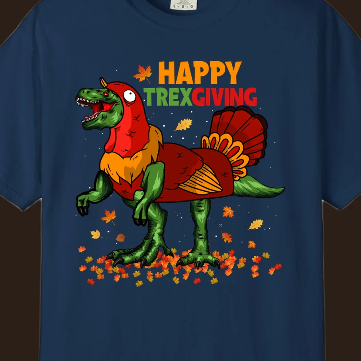Dinosaur in a turkey costume with 'Happy Trexgiving' text and fall leaves.