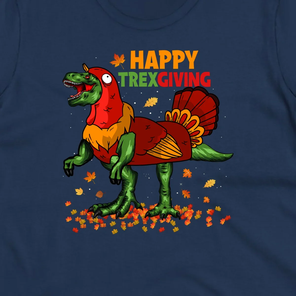 Dinosaur in a turkey costume with 'Happy Trexgiving' text and fall leaves.