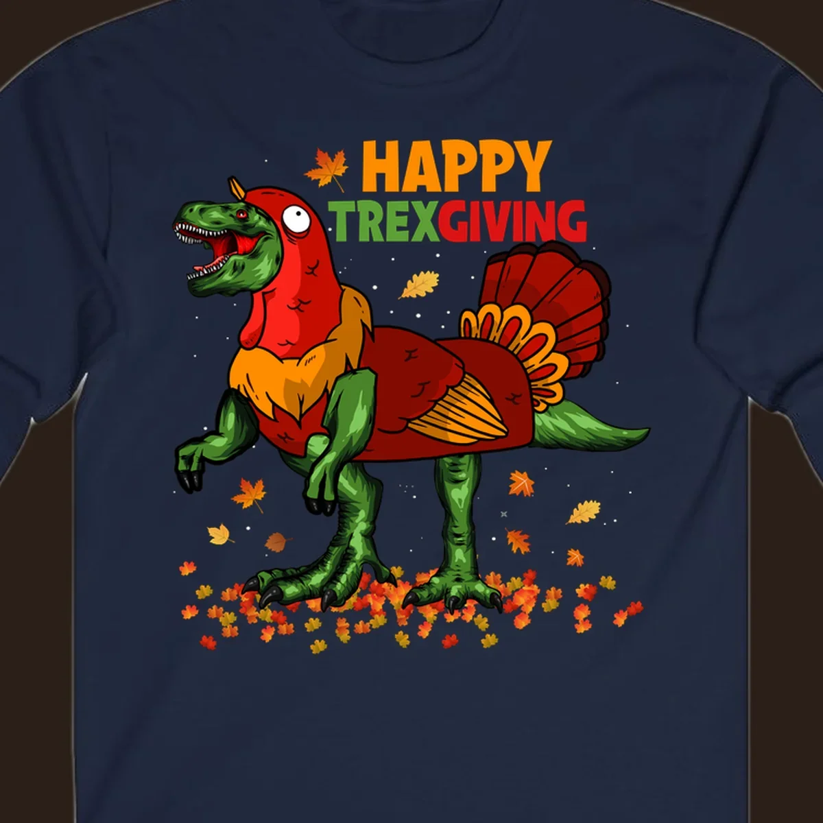 Dinosaur in a turkey costume with 'Happy Trexgiving' text and fall leaves.
