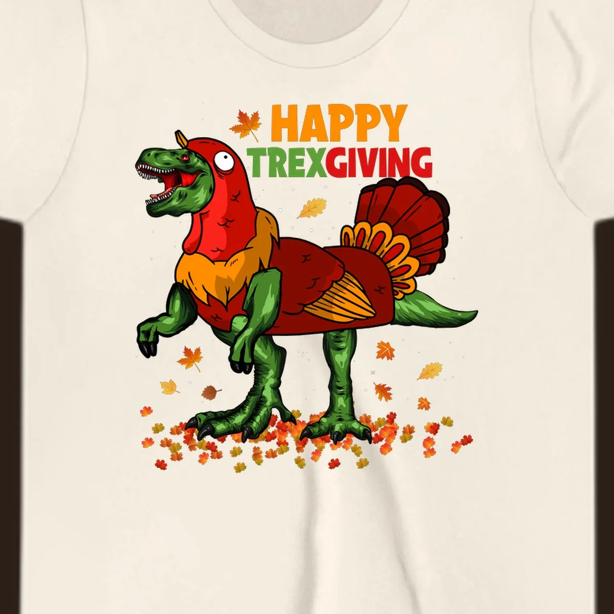 Dinosaur in a turkey costume with 'Happy Trexgiving' text and fall leaves.