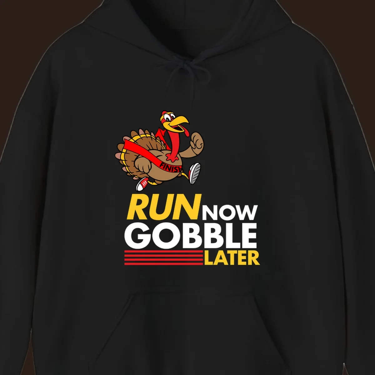 Cartoon turkey running with text 'Run Now Gobble Later', run-gobble-thanksgiving