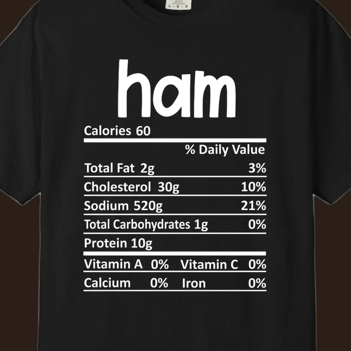 Ham nutrition label design featuring 'ham' at the top and nutritional information.