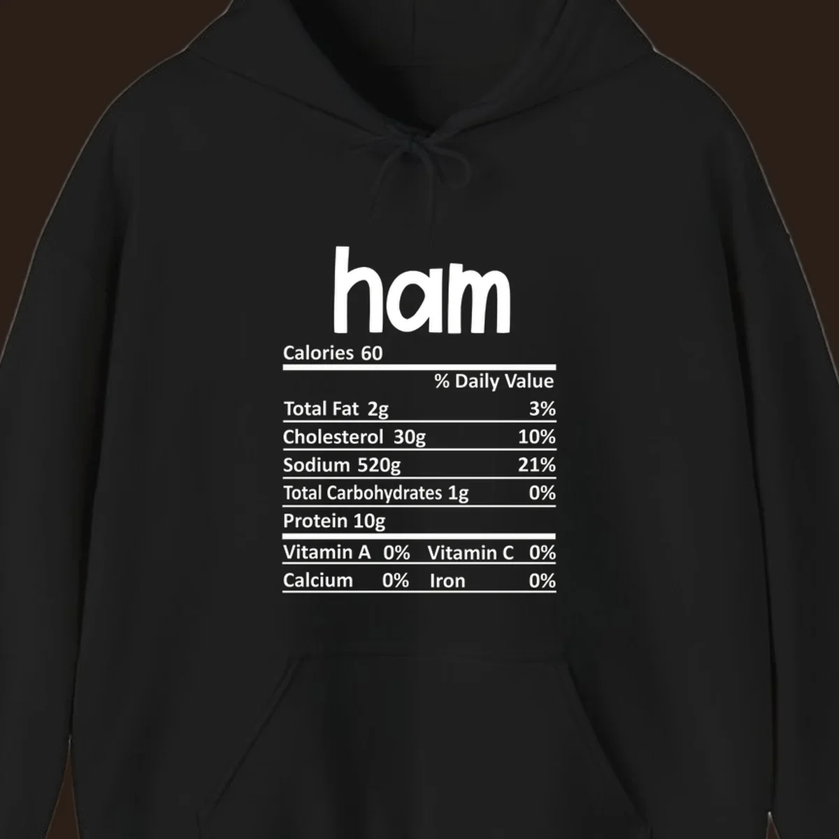 Ham nutrition label design featuring 'ham' at the top and nutritional information.