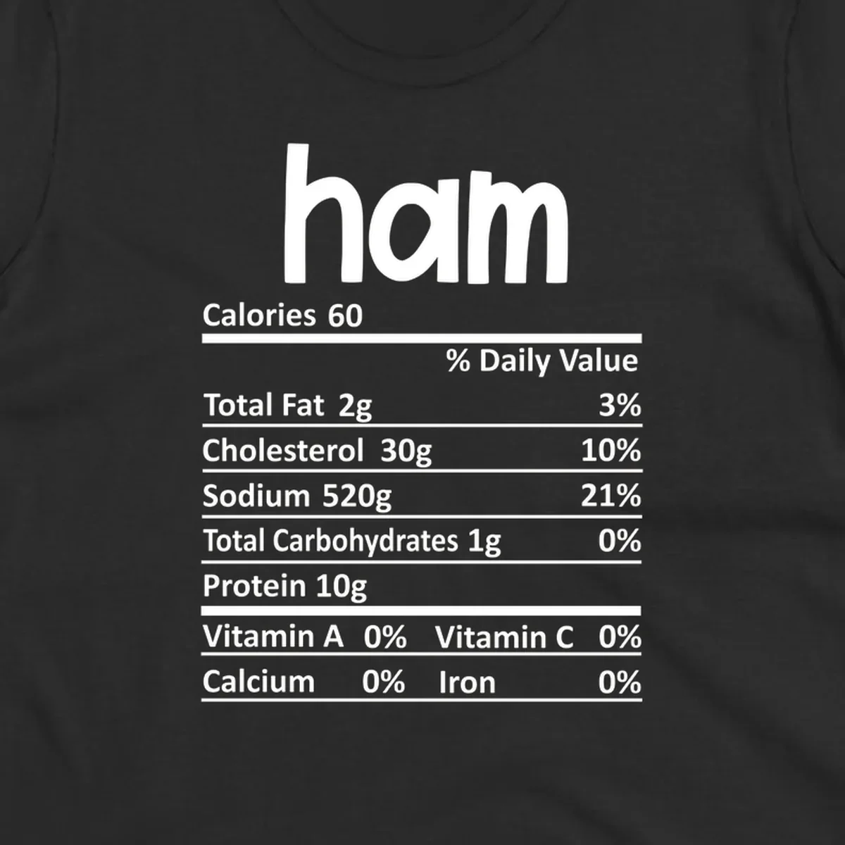 Ham nutrition label design featuring 'ham' at the top and nutritional information.