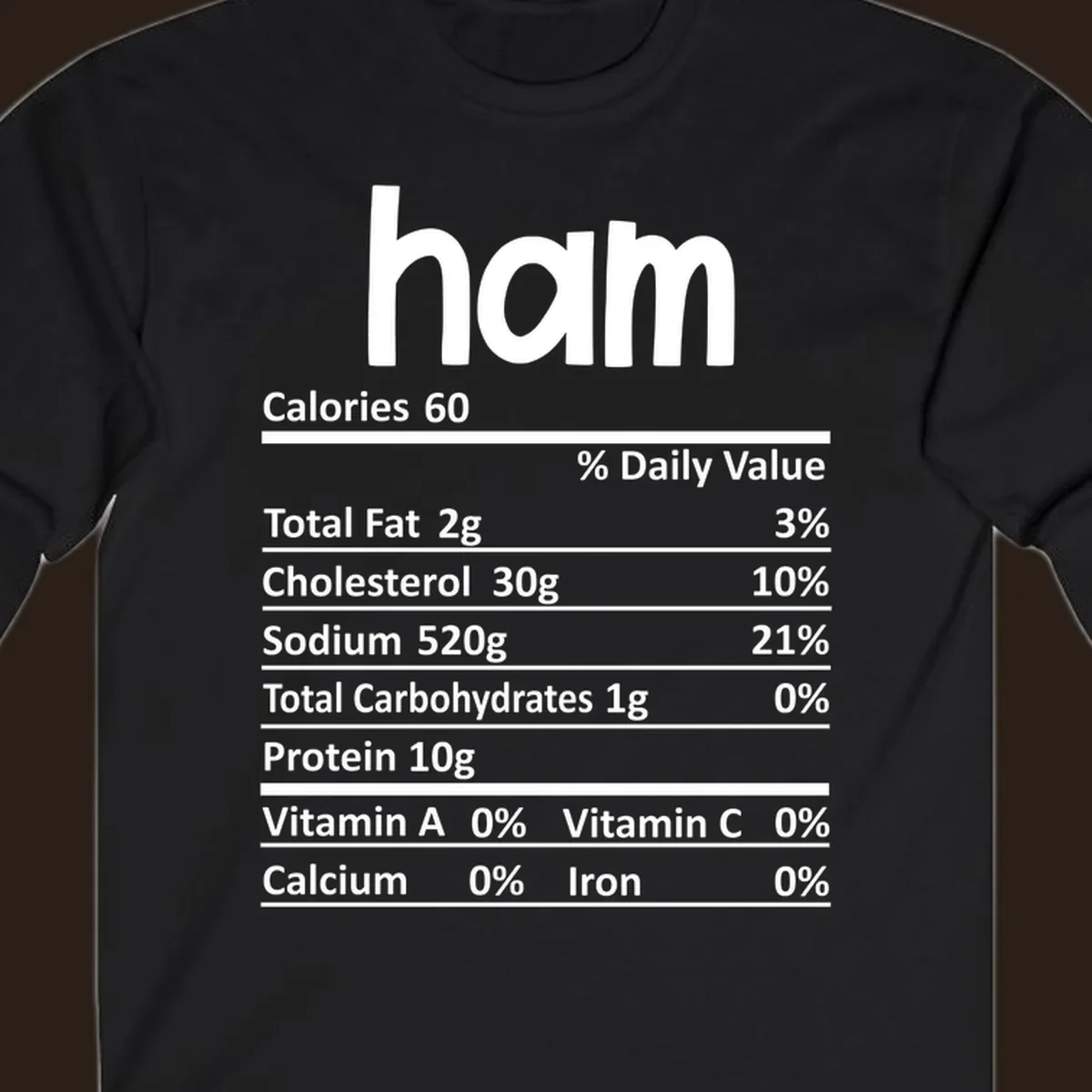 Ham nutrition label design featuring 'ham' at the top and nutritional information.