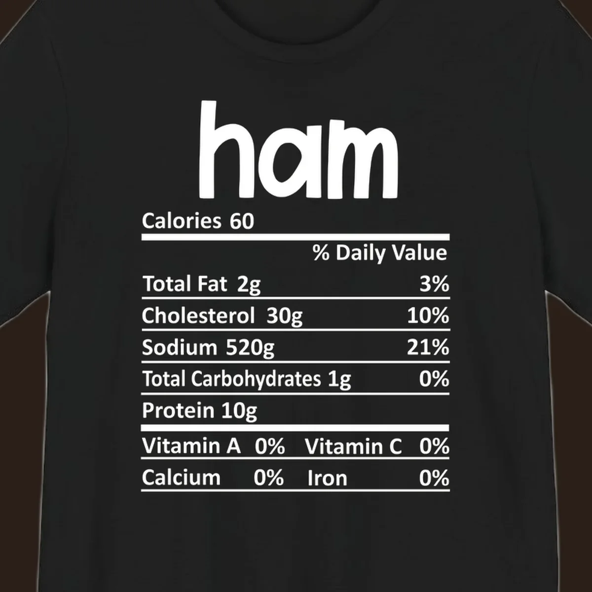 Ham nutrition label design featuring 'ham' at the top and nutritional information.