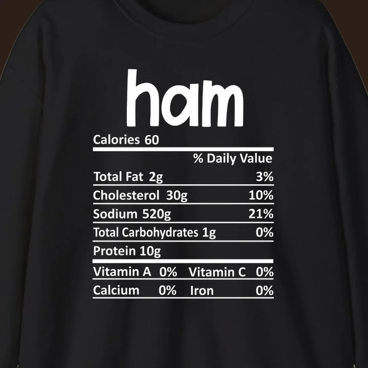Ham nutrition label design featuring 'ham' at the top and nutritional information.