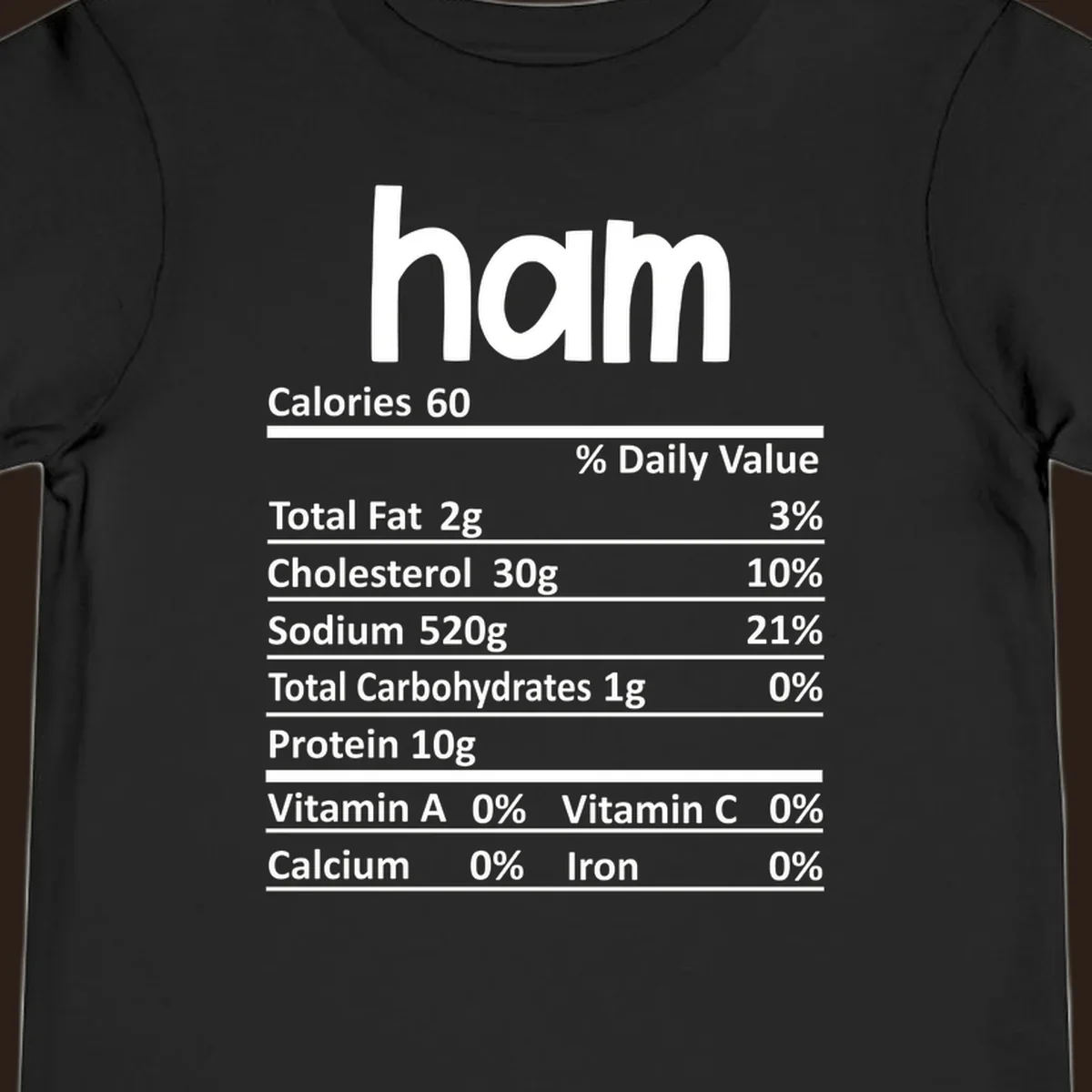 Ham nutrition label design featuring 'ham' at the top and nutritional information.