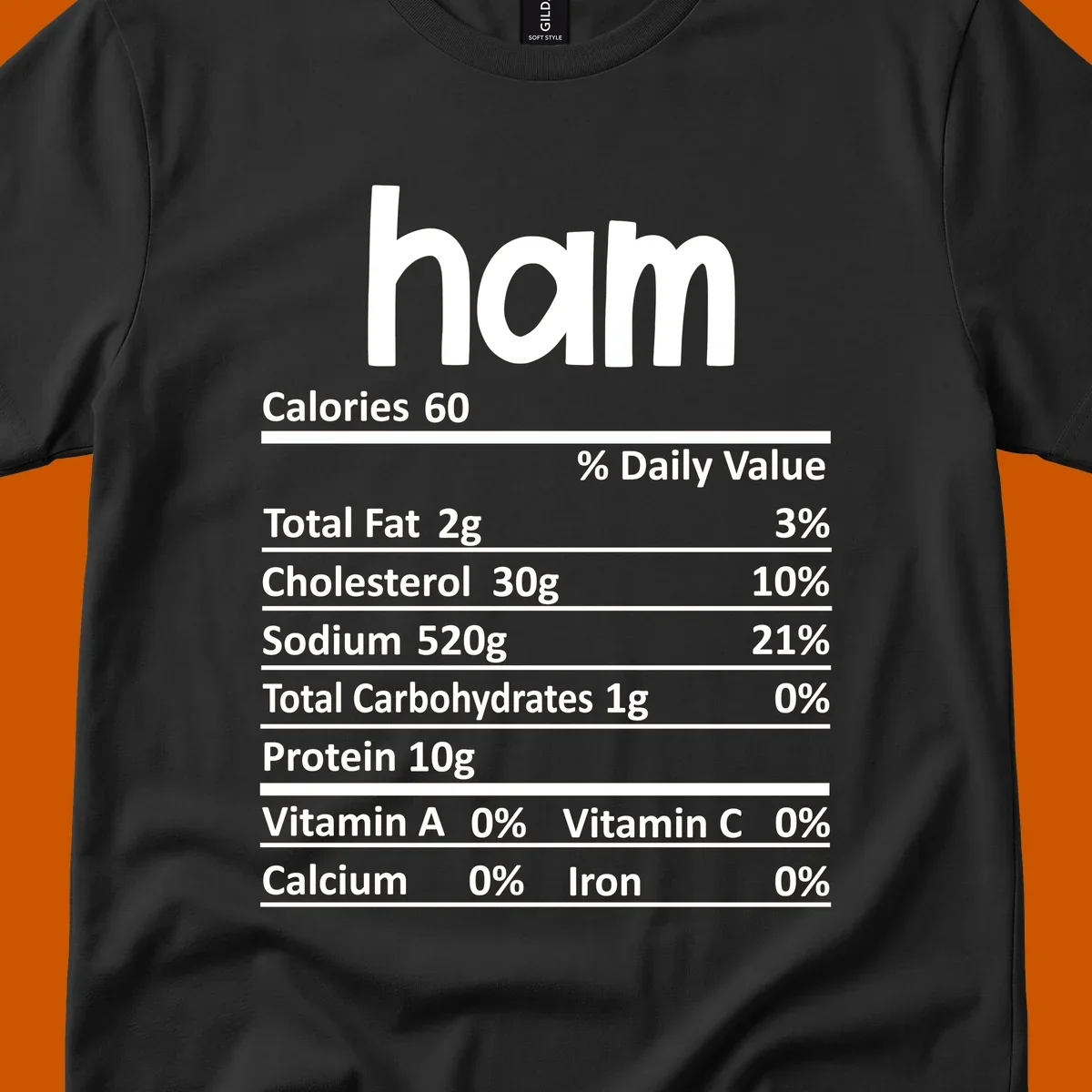 Ham nutrition label design featuring 'ham' at the top and nutritional information.