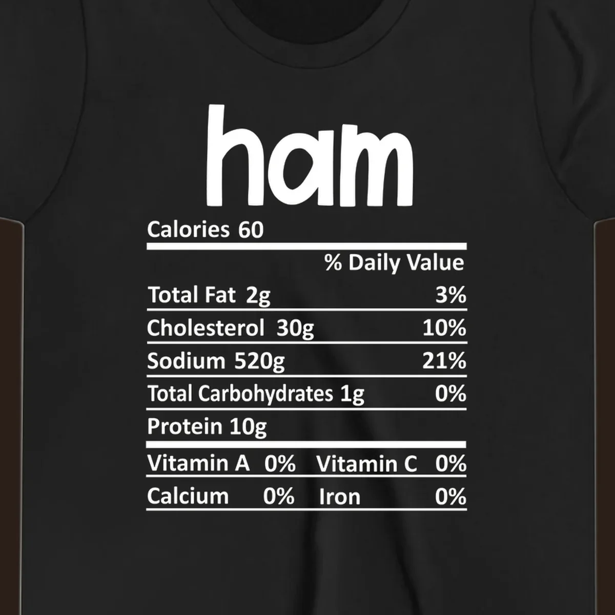 Ham nutrition label design featuring 'ham' at the top and nutritional information.
