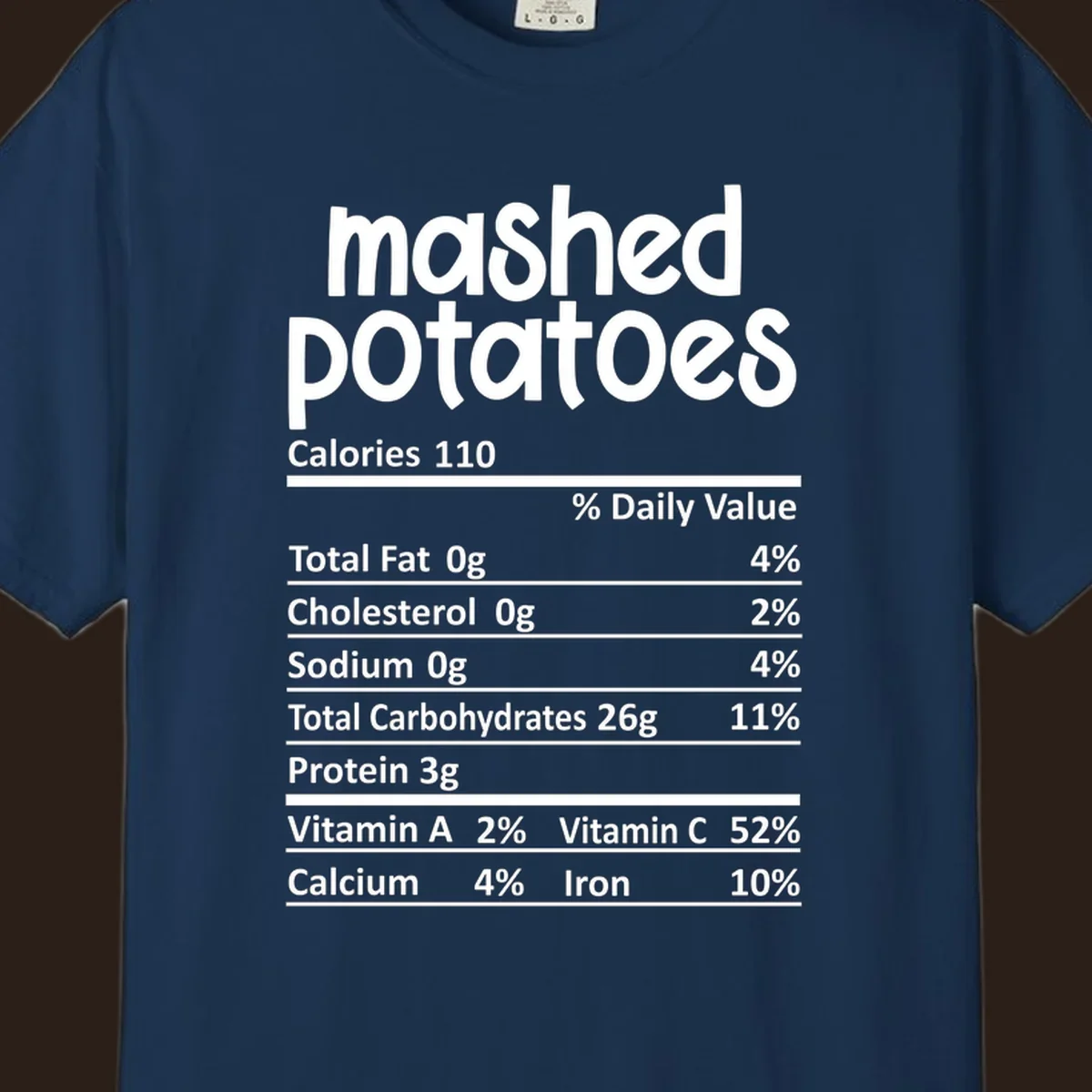 Mashed potatoes nutrition facts label design with white text on black.