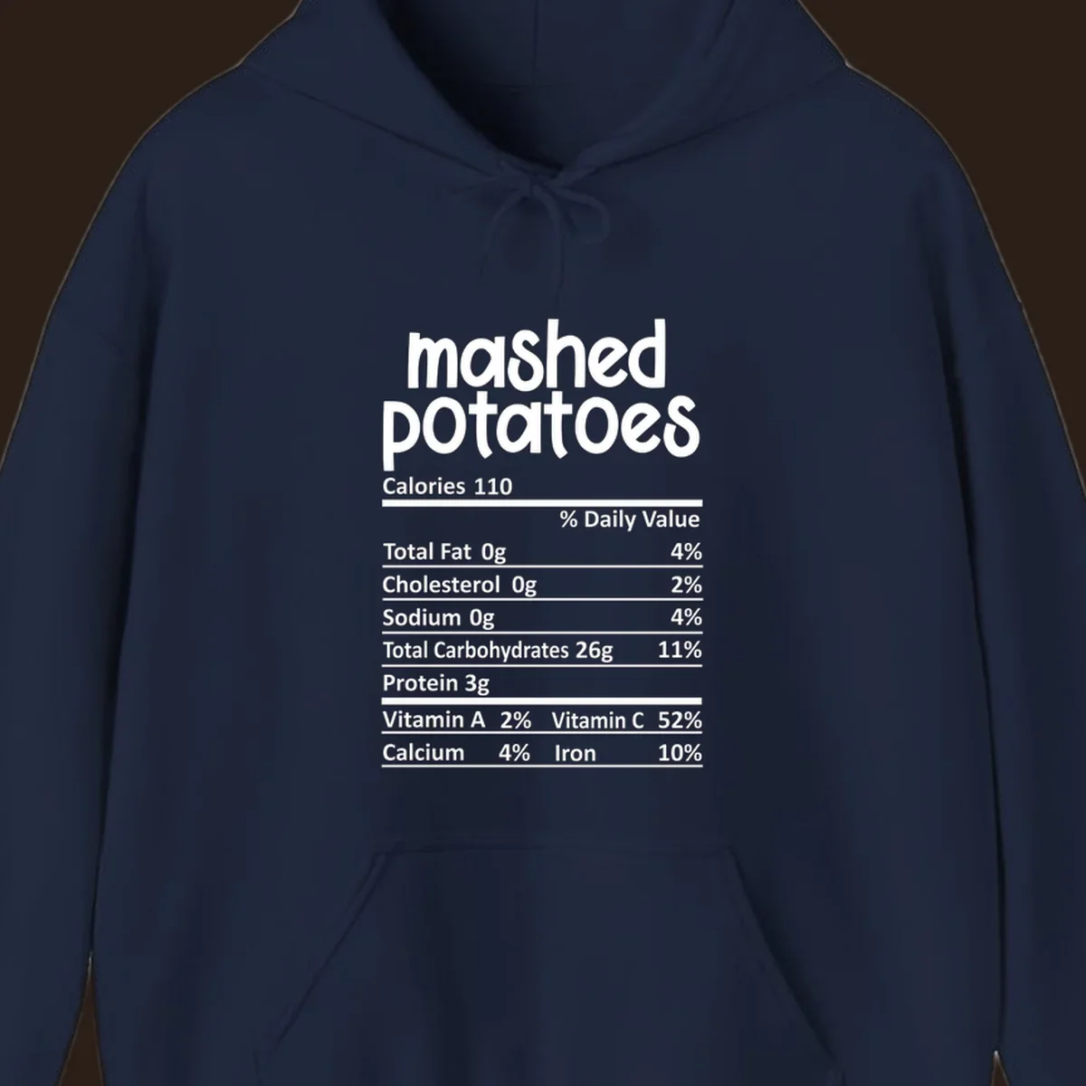 Mashed potatoes nutrition facts label design with white text on black.