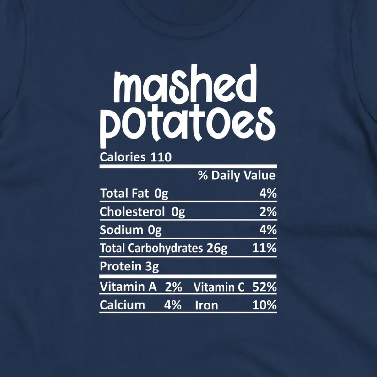Mashed potatoes nutrition facts label design with white text on black.