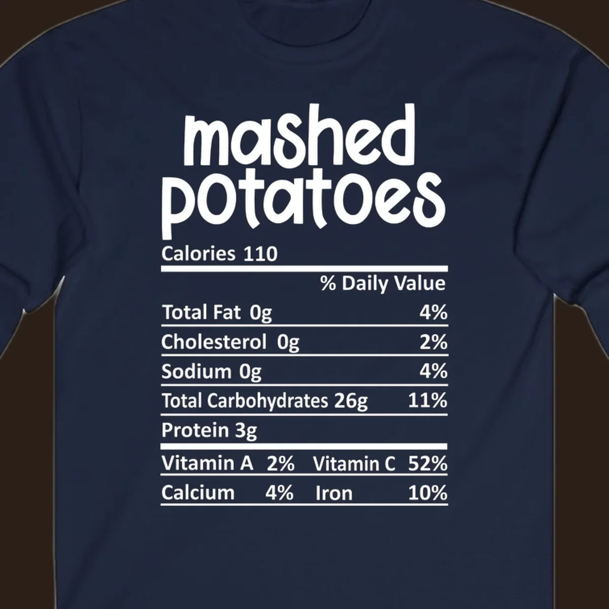 Mashed potatoes nutrition facts label design with white text on black.