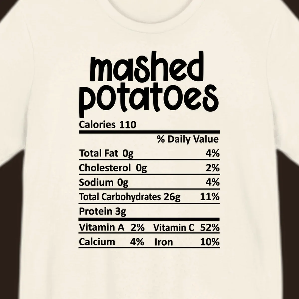 Mashed potatoes nutrition facts label design with white text on black.